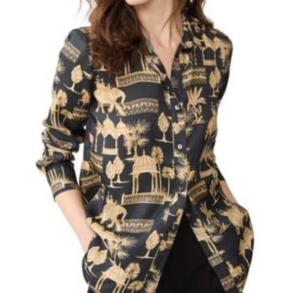 J. McLaughlin Denver Silk Blend Shirt Blouse Black Tan Large L India Work Casual - Picture 2 of 9